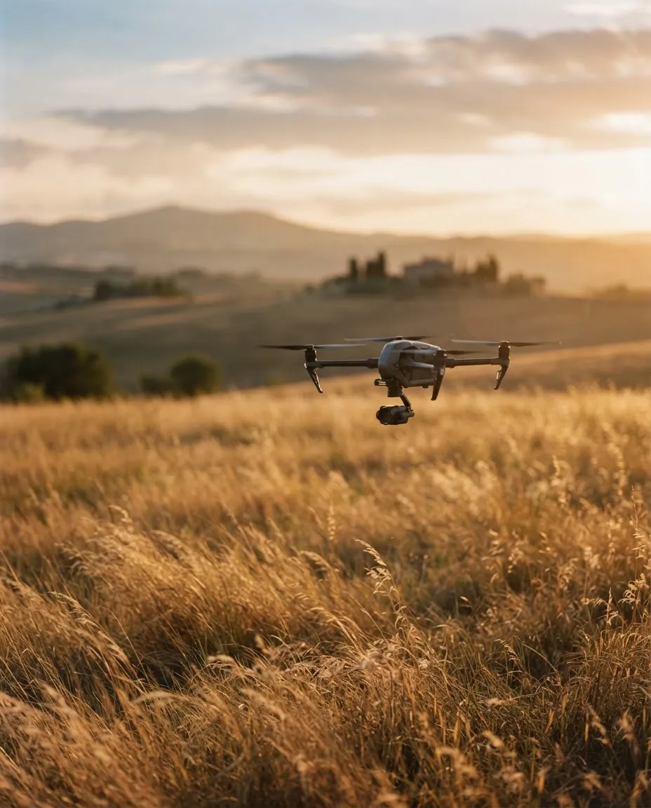 Drone profissional sobrevoando um campo dourado ao pôr do sol.