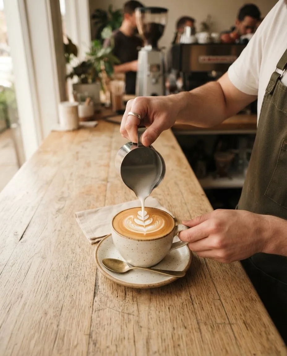 Barista desenhando latte art em uma xícara sobre balcão de madeira.